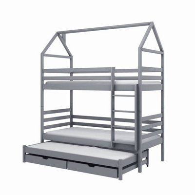 Modern Grey Dhalia Bunk Bed with Trundle & Foam Bonnell Mattresses - Space-Efficient (H2170mm W1980mm D980mm)