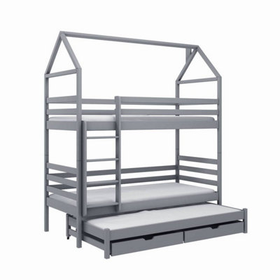 Modern Grey Dhalia Bunk Bed with Trundle & Foam Mattresses - Space-Efficient (H2170mm W1980mm D980mm)