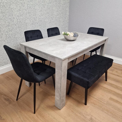 Modern Grey Dining Table with 4 Black Velvet Chairs And Black Bench ...
