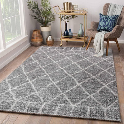 Modern Grey Geometric Marrakesh Shaggy Area Rug - 120x170 cm