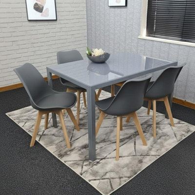 Modern Grey Glass Dining Table Set with 4 Grey plastic Chairs Kitchen ...