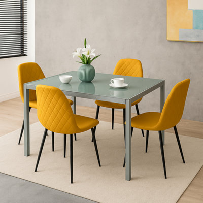 Modern Grey Glass Dining Table Set with 4 Mustard Gem Pattern Chairs ...