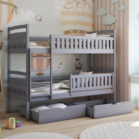 Modern Grey Ignas Bunk Bed with Ladder, Storage Drawers and Foam Bonnell Mattresses - Safe Space Saver (H1560mm W1980mm D980mm)