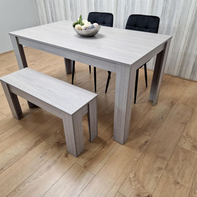 Modern Grey Rectangle Dining Table Set With 2 Black Velvet Chairs And 1 ...