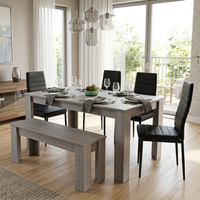 Modern Grey Rectangle Dining Table Set With 4 Black Metal Chairs And 1 ...