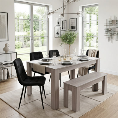 Modern Grey Rectangle Dining Table Set With 4 Black Velvet Chairs And 1 ...