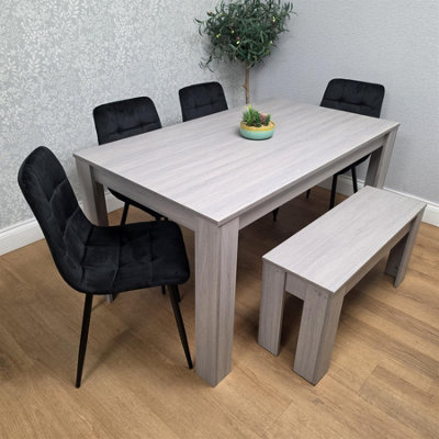 Modern Grey Rectangle Dining Table Set With 4 Black Velvet Chairs And 1 ...