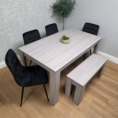 Modern Grey Rectangle Dining Table Set With 4 Black Velvet Chairs And 1 ...