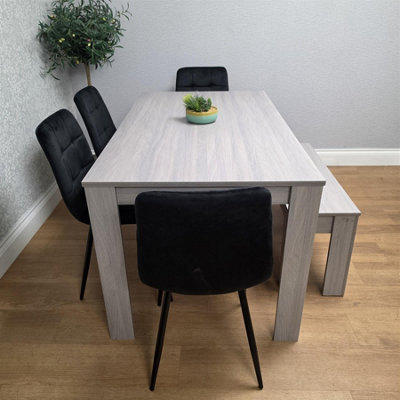Modern Grey Rectangle Dining Table Set With 4 Black Velvet Chairs And 1 ...