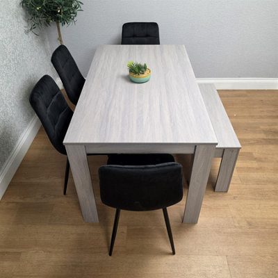 Modern Grey Rectangle Dining Table Set With 4 Black Velvet Chairs And 1 ...