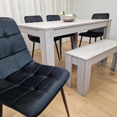 Modern Grey Rectangle Dining Table Set With 4 Black Velvet Chairs And 1 ...