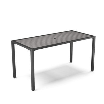 Modern Grey Rectangular Wood Effect WPC Metal Outdoor Dining Table with Umbrella Hole 150 cm