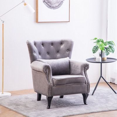 Modern Grey Velvet Upholstered Wingback Armchair with Cushion