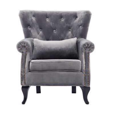 Modern Grey Velvet Upholstered Wingback Armchair with Cushion