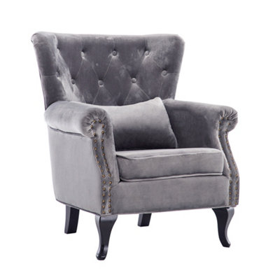 Modern Grey Velvet Upholstered Wingback Armchair with Cushion