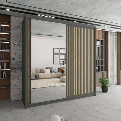 Modern Grooved Sliding Mirror Wardrobe with LED Light Grey 203cm