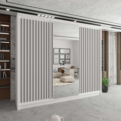 Modern Grooved Sliding Mirror Wardrobe with LED Light White/Grey 250cm