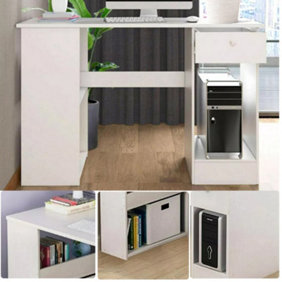 Modern H-Shaped Computer Desk with Storage Shelves & Drawer - White ...