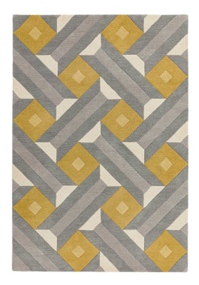 Modern Handmade Rug, Wool Rug for Bedroom & LivingRoom, Geometric Rug for DiningRoom, Ochre Grey Wool Rug-120cm X 170cm
