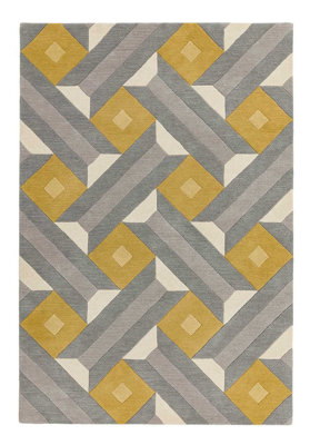 Modern Handmade Rug, Wool Rug for Bedroom & LivingRoom, Geometric Rug for DiningRoom, Ochre Grey Wool Rug-66cm X 200cm (Runner)