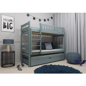 Modern Harvey Grey Bunk Bed H1630mm W1980mm D980mm with Trundle, Storage, and Bonnell Mattresses