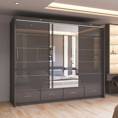 Modern High Gloss and Mirrored Sliding Wardrobe Grey 253cm