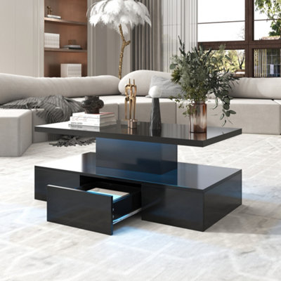 Modern High Gloss Coffee Table with LED Light and Drawers Black