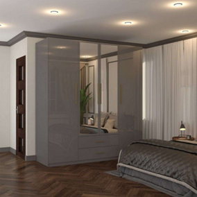 Modern High-Gloss Mirrored Hinged Door Wardrobe with Storage Drawers Grey 160cm