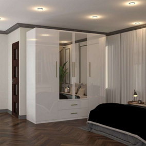 Modern High-Gloss Mirrored Hinged Door Wardrobe with Storage Drawers White 160cm