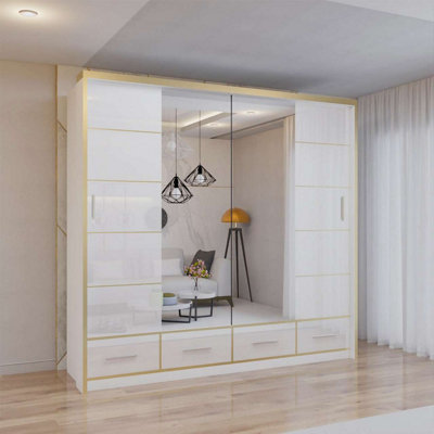 Modern High Gloss Sliding Wardrobe with Gold Trim & Mirrored Doors ...
