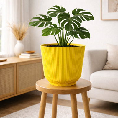Modern Indoor & Outdoor Plant Pot 30cm, Yellow, Large Ribbed Planter ...