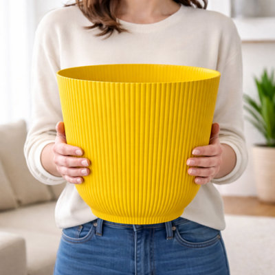 Modern Indoor & Outdoor Plant Pot 30cm, Yellow, Large Ribbed Planter ...