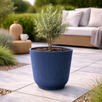 Modern Indoor & Outdoor Plant Pot 37cm, Blue, Extra Large Ribbed ...