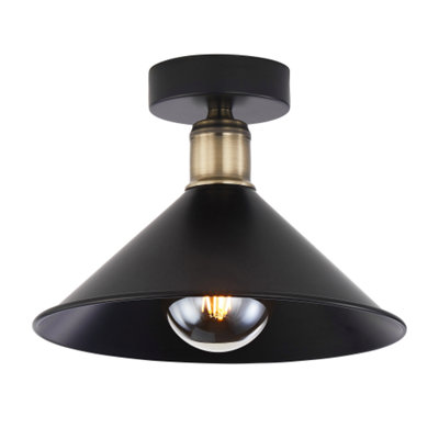 Modern Industrial Semi Flush Ceiling Light in Matte Black and Antique Brass