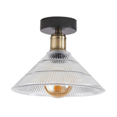Modern Industrial Semi Flush Ceiling Light in Matte Black and Ribbed Clear Glass