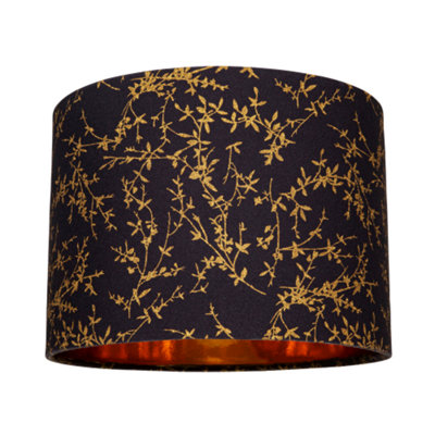 Modern Jet Black Cotton Fabric 10" Lamp Shade with Gold Foil Floral