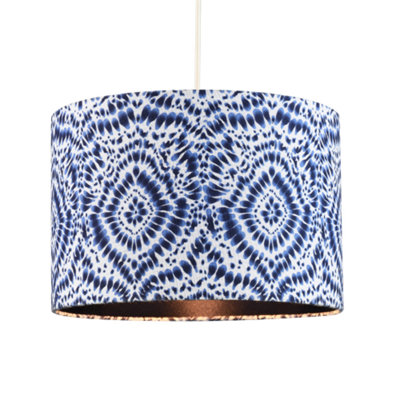 Modern Kaleidoscope Design Drum Lamp Shade in White and Midnight Blue Linen