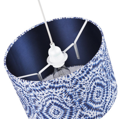 Modern Kaleidoscope Design Drum Lamp Shade in White and Midnight Blue Linen