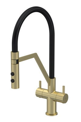 Modern Kitchen Mono Mixer Tap with 2 Lever Handles, 436mm - Brushed Brass