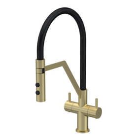 Modern Kitchen Mono Mixer Tap with 2 Lever Handles, 436mm - Brushed Brass