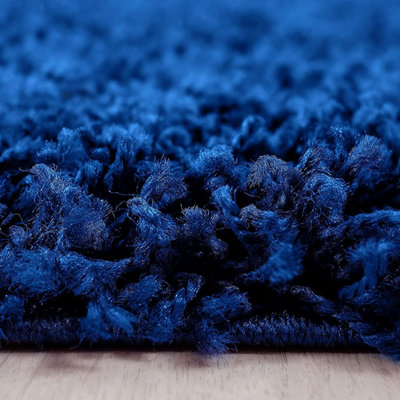 Modern Large Navy Blue Fluffy Shaggy Area Rug For Living Room, Anti-Shed Thick Pile Floor Carpet - 120x170 cm