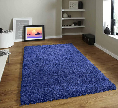 Modern Large Navy Blue Fluffy Shaggy Area Rug For Living Room, Anti-Shed Thick Pile Floor Carpet - 120x170 cm