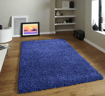 Modern Large Navy Blue Fluffy Shaggy Area Rug For Living Room, Anti-Shed Thick Pile Floor Carpet - 160x230 cm