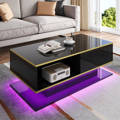 Modern LED Coffee Table with High-Gloss Finish, Gold Accents, 3 Drawers ...