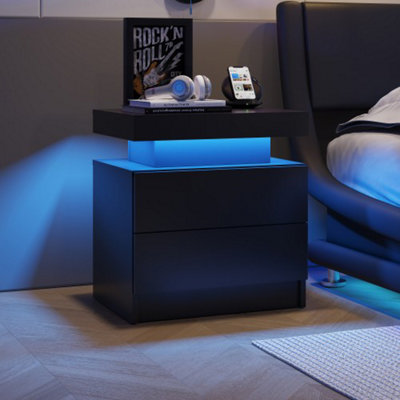 Modern LED Nightstand with 2 Drawers and Bedside Lighting for Bedroom(Black)