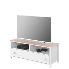 Modern Luna TV Cabinet in White Matt & Pink - Stylish Media Console with Storage (H)460mm (W)1200mm (D)420mm