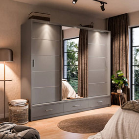 Modern Lux Wardrobe with Shelves and Mirrored Door in Grey - LED Lit Storage Solution (H2150mm W2500mm D630mm)