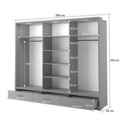 Modern Lux Wardrobe with Shelves and Mirrored Door in Grey - LED Lit Storage Solution (H2150mm W2500mm D630mm)