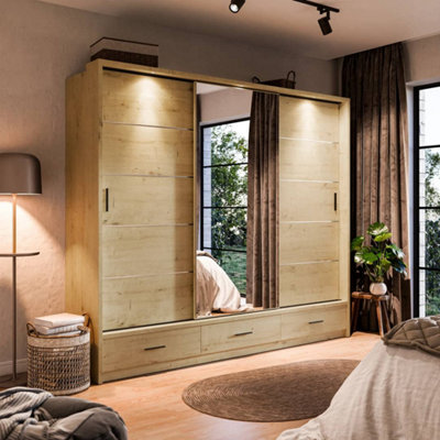 Modern Lux Wardrobe with Shelves and Mirrored Door in Oak Artisan - LED Lit Storage Solution (H2150mm W2500mm D630mm)