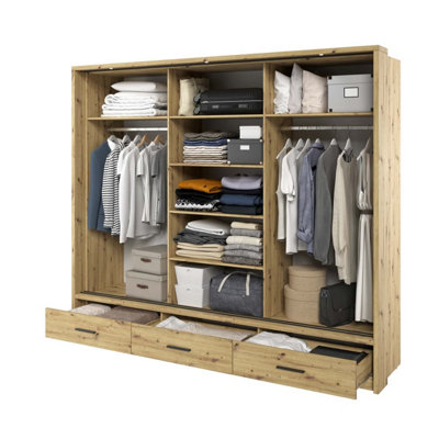 Modern Lux Wardrobe with Shelves and Mirrored Door in Oak Artisan - LED Lit Storage Solution (H2150mm W2500mm D630mm)